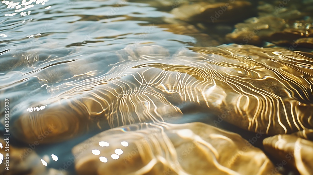 Aufkleber peaceful aquatic scene with sunlight creating dynamic patterns on river bed stones : generative ai