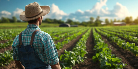 Latino Male Farmer, dressed in overalls and a straw hat, standing proudly among rows of freshly planted vegetables in a sunny field.