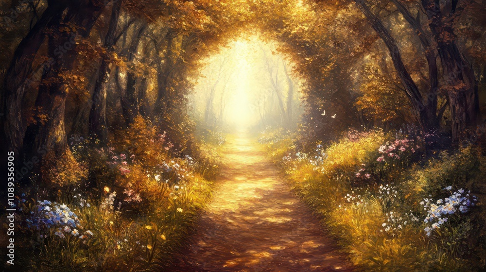 Poster a painting of a path in the middle of a forest with a bright light coming through the trees on either side of the path is a dirt road with grass and flowers on both sides.
