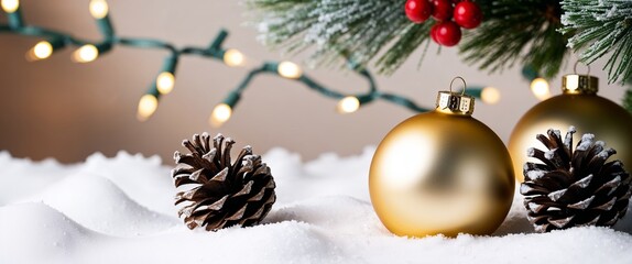 close-up view of a snow-covered surface adorned with decorative elements. In the foreground, there are two pine cones and a shiny golden Christmas ornament with a smooth, reflective surface
