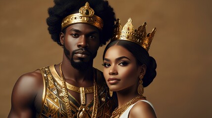 African king and queen. Black diversity royalty. Gold crown. Throne. Rulers. Persian. Handsome man. Pretty woman.