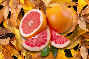 Red fresh ripe grapefruits slices on background.