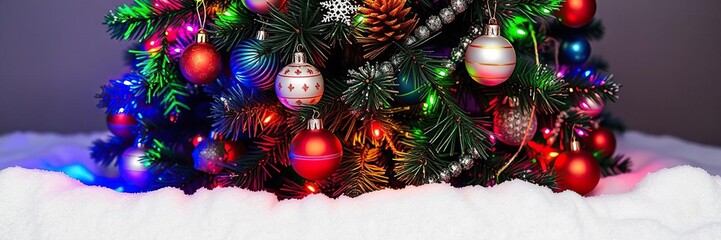 Christmas tree with multicolored lights, ornaments, and snowflakes, twinkling lights, christmas tree lights, colorful decorations