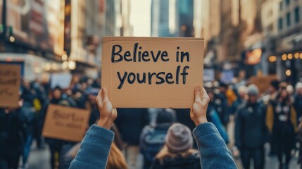 A crowd holds a sign that says "Believe in yourself," conveying a message of self-empowerment and positivity in a bustling urban setting.