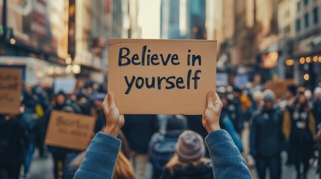 A crowd holds a sign that says "Believe in yourself," conveying a message of self-empowerment and positivity in a bustling urban setting.