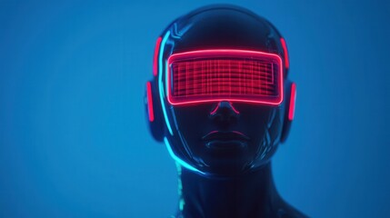 A futuristic mannequin features glowing, neon headgear against a blue backdrop, evoking themes of technology and virtual reality.