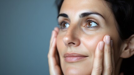 Serene and Thoughtful Woman Gazing with Hands on Cheeks in Soft Close-Up Portrait : Generative AI