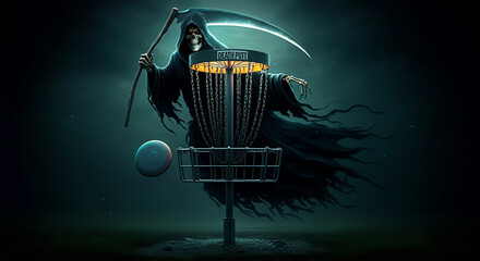 Disc Golf Basket Death Putt, Grim Reaper Death Putting at Discgolf Sport Cage, Frisbee