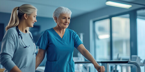 Obraz premium Caucasian Female Nurse tenderly assisting a senior patient with walking exercises, supporting their arm for balance and stability.