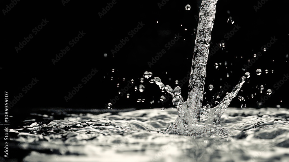 Poster A monochrome image of water splashing from a faucet into a pool of water against a black backdrop