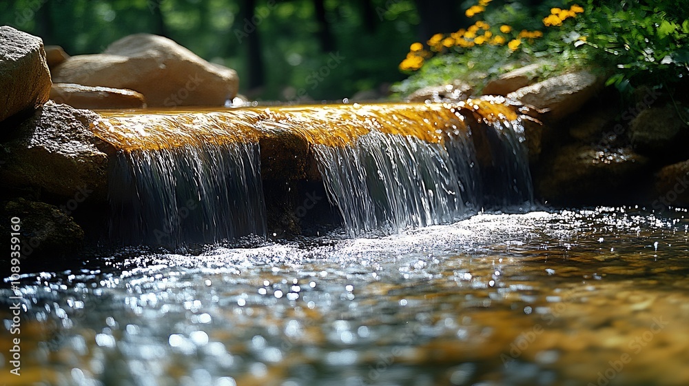 Poster Tranquil Forest Stream with Cascading Waterfall and Sunny Reflections in Nature : Generative AI