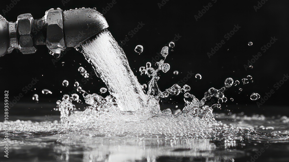 Poster a close-up of water flowing from a faucet and splashing on a black surface.