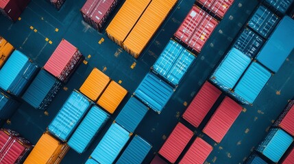 Aerial view of colorful shipping containers stacked on a port, showcasing organized logistics and maritime transport.