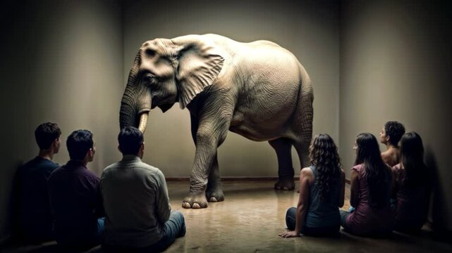 Elephant in the room idiom concept: Group of people sitting in small, enclosed room with large elephant, symbolizing concept of big unaddressed issue or obvious problem.
