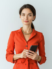 Naklejka premium Femme élégante de 40 ans, en chemise orange, tenant un smartphone sur fond blanc, personnage pour publicité, site web, démo d'application ou de logiciel, tech et IT B2B