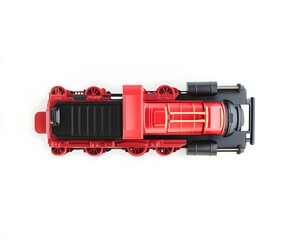 Obraz premium Colorful Toy Train Engine - Black and Red Plastic Locomotive with Yellow Details Isolated on White Background for Kids Play and Educational Fun