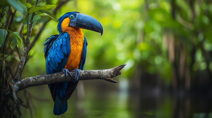 Fototapeta premium Amazonian Blue-and-Orange Toucan, Vibrant Bird, Rainforest Wildlife, Exotic Avian, Tropical Photography