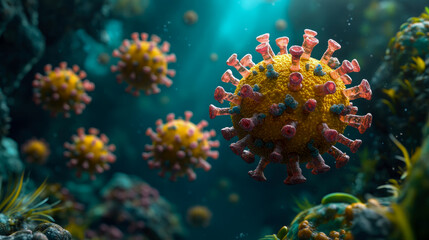 Fototapeta premium Virus particles are shown in a vibrant underwater setting, illustrating their structure and interaction within a microscopic environment amid the pandemic