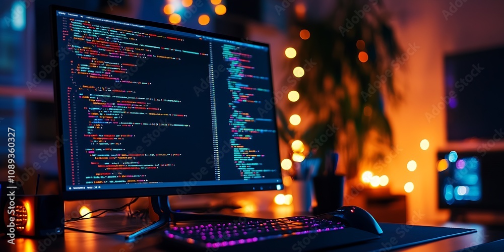 Leinwandbilder Contemporary Desk Setup with Code Display on Screen and Ambient Light in Modern Workspace : Generative AI