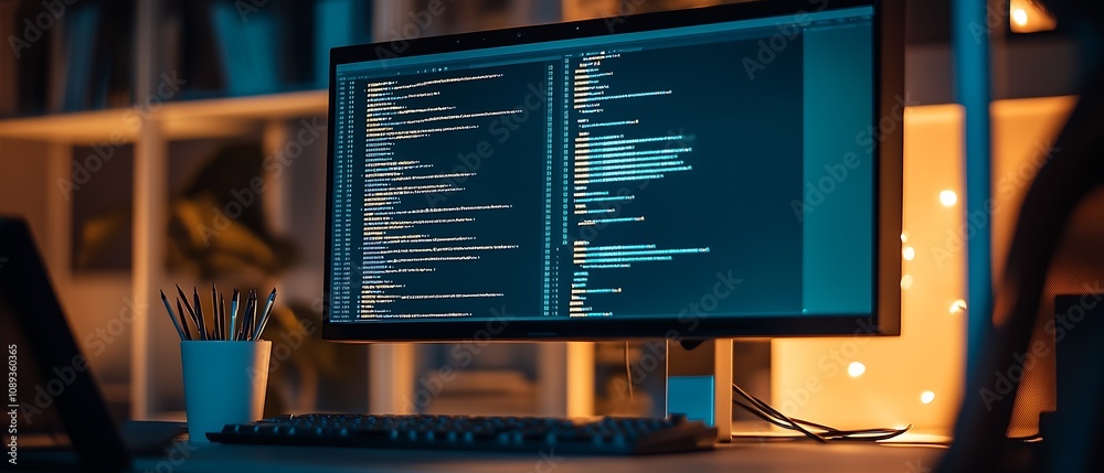 Leinwandbilder Efficient Dual-Monitor Computer Station with Coding Work in a Vibrant Home Office Setting : Generative AI
