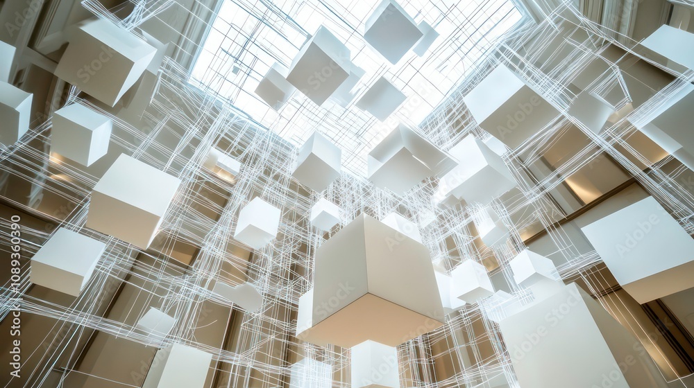 Leinwandbilder Abstract geometric structure of white cubes suspended from the ceiling with a white net in a modern building.