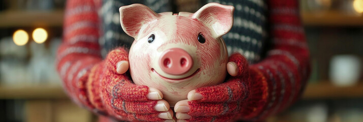 Naklejka premium A person in red gloves smiles while holding a piggy bank in a cozy indoor space filled with soft lighting and a relaxed atmosphere