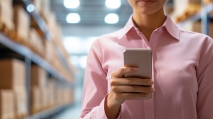 woman using smartphone in a warehouse environment