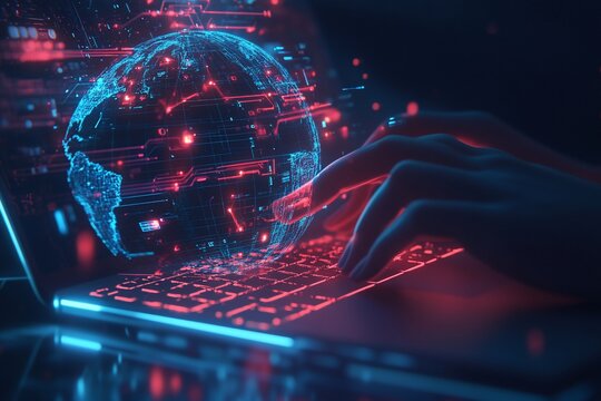 Global Connectivity Futuristic Wireframe Typing on Laptop