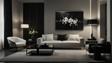Modern living room with a white sofa, black armchairs, and a large black and white painting.