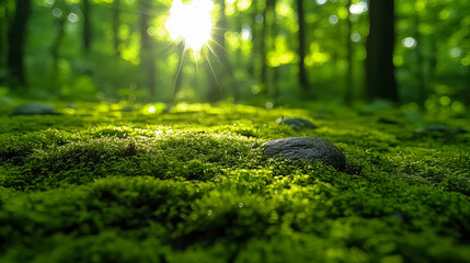 Soft sunlight shines through trees onto a lush mossy surface, creating a peaceful atmosphere in a dense green forest