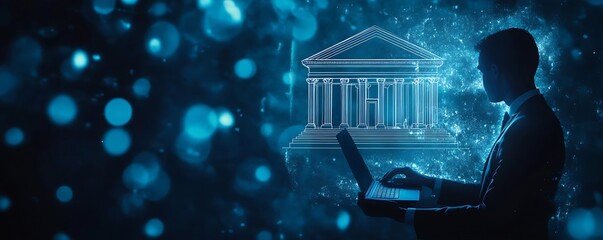 Silhouette of a Person with Laptop and Modern Financial Institution Symbol : Generative AI