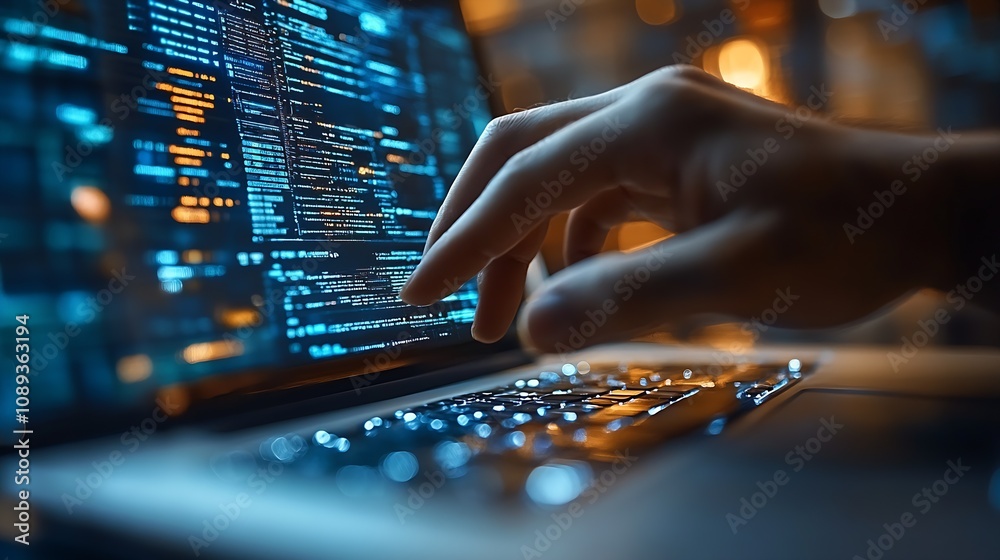Aufkleber Hand Typing Code on Laptop Computer in Dimly Lit Tech Environment : Generative AI