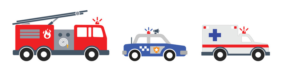 simple emergency vehicle set fire engine truck ambulance police car side view icon symbol vector isolated on transparent background © Marty's Art