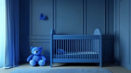 Modern Blue Nursery with Crib and Teddy Bear in a Soothing Peaceful Environment : Generative AI