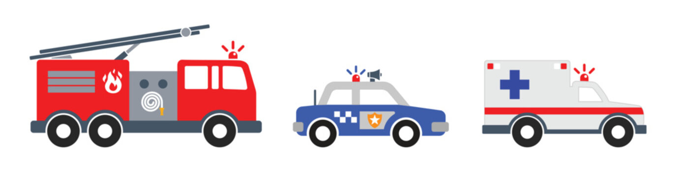 simple emergency vehicle set fire engine truck ambulance police car side view icon symbol vector isolated on transparent background