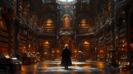Fototapeta premium A person stands in a grand library surrounded by towering shelves of ancient books and warm, atmospheric lighting, creating a feeling of mystery