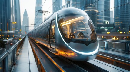 Modern high-speed train on a elevated track in a city with skyscrapers in the background.