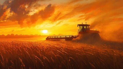 Fototapeta premium Golden Hour Harvest: Tractor Harvesting Wheat at Sunset