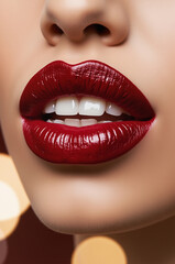 Obraz premium Close-Up of Glamorous Red Lips with Glossy Finish Against a Soft Bokeh Background