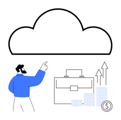 Businessman pointing to a large cloud symbol with briefcase, stacks of coins, and upward arrows representing growth. Ideal for cloud computing, business planning, financial growth, investment