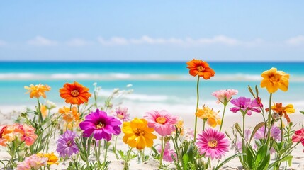Obraz premium Vibrant Tropical Flowers Scattered Across a Sandy Beach with Turquoise Ocean