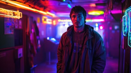 Fototapeta premium A young man stands in a dimly lit, neon-colored hallway, conveying a sense of mystery.