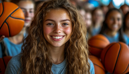 A girl with curly hair smiles brightly, surrounded by basketballs and fellow campers, showcasing enthusiasm at a basketball camp