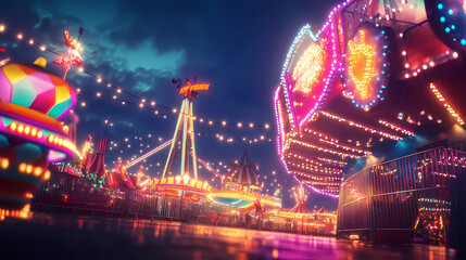 Vivid background of a carnival at night, with bright lights and rides, perfect for festive and fun projects. Vibrant Carnival Lights. Illustration