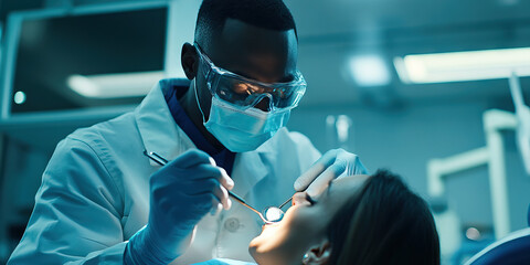 Black male dentist in sterile environment, expertly examining patient with dental mirror