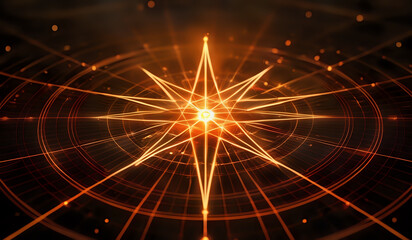 Obraz premium A holographic nautical compass on top of glowing lines representing network communication with sparkles of light in orange and yellow tones