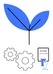 Blue leaf sprouting from minimalistic line, three gears representing collaboration, hand interacting with a touchscreen displaying HS code. Ideal for sustainability, technology, innovation, industry