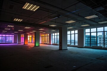 Obraz premium Dark and empty office space with colorful lighting, contemporary style, minimalist aesthetic, edgy ambiance