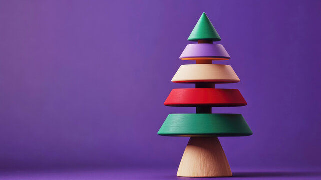Minimalistic 3D abstract Christmas tree design with geometric shapes on a wooden stand - Powered by Adobe