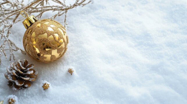 Festive Golden Ball Christmas Ornament on Snowy Background with Holiday Decorations, Blank Space for Text